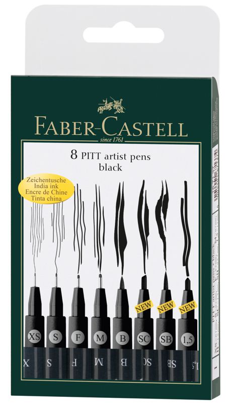 Umelecké popisovače Faber-Castell PITT (XS, S, F, M, B, SC, SB, 1,5) - sada 8 ks - čierna