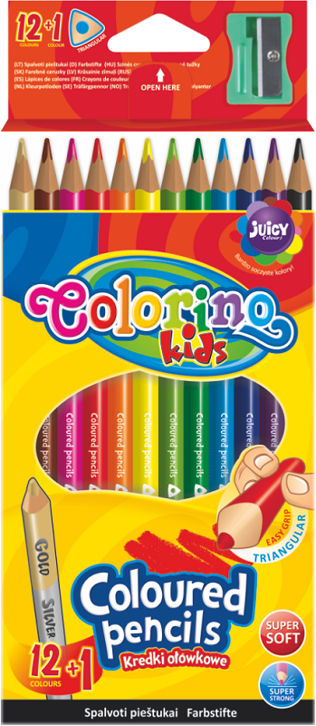 Farbičky Colorino kids - trojhranné - so strúhadlom - 12 farieb + obojstr. strieborná/zlatá