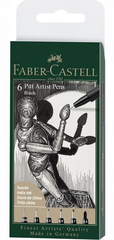 Umelecké popisovače Faber-Castell PITT Artist Pens - Black - sada - 6 ks ( XXS, XS, S, F, M, 1.5) - čierna