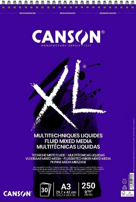 Blok CANSON XL Multitechniques Liquides - Fluid Mixed Media - 250 g/m2 - 30 listov - A3 - hrebeňová väzba