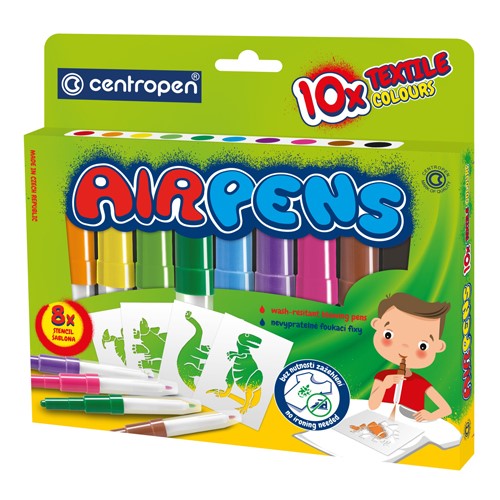 Fúkacie fixky CENTROPEN - 1539/10 Textile Colours - sada 10 ks + 8 šablón