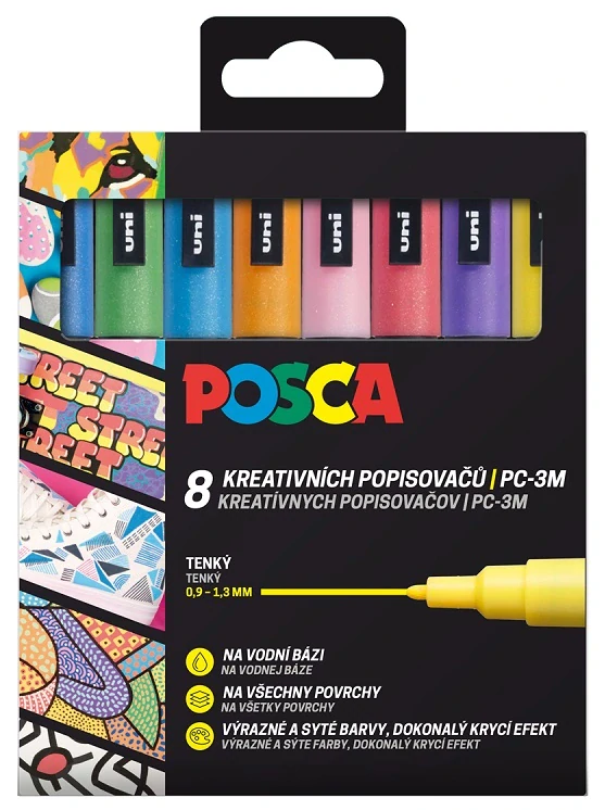 POSCA - sada popisovačov PC-3M - 0,9 - 1,3 mm - trblietavé farby (sada 8 ks)