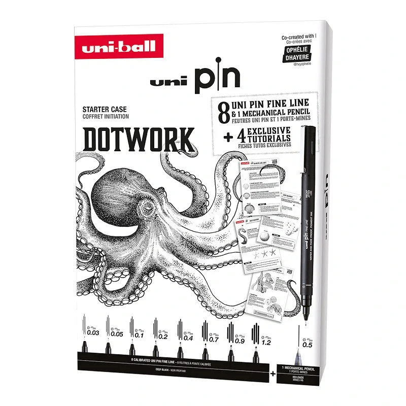 UNI PIN sada Dotwork - darčekový box, 8 linerov + SHALAKU mikroceruzka, mix farieb