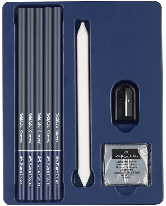 Sada uhlíkov FABER-CASTELL Goldfaber na skicovanie - 6 ks + strúhadlo, guma a papierový rozotierač