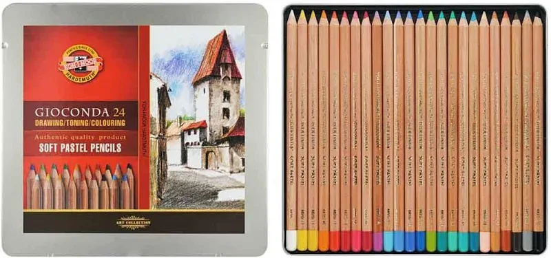 Umelecké suché (prašné) kriedy (pastely) KOH-I-NOOR GIOCONDA v ceruzkách - sada 24 farieb - v plechovej krabičke