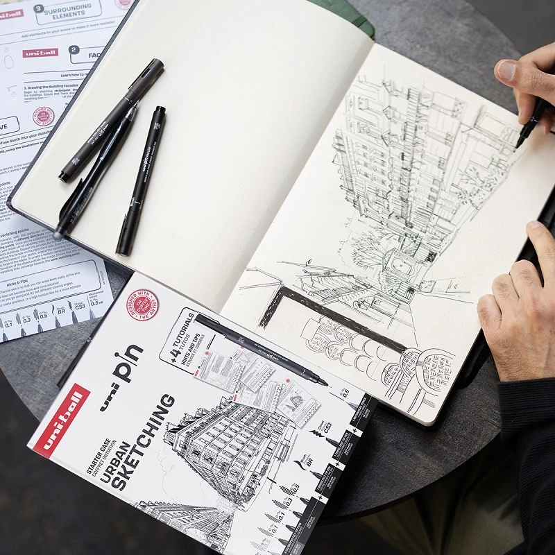UNI PIN sada Urban Sketching - darčekový box, 8 linerov + SHALAKU mikroceruzka, mix farieb