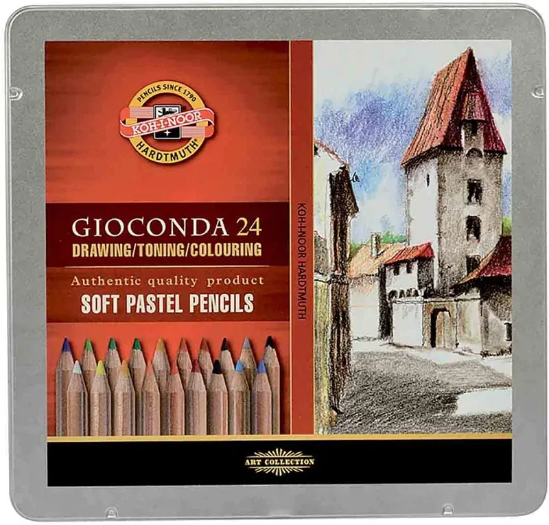 Umelecké suché (prašné) kriedy (pastely) KOH-I-NOOR GIOCONDA v ceruzkách - sada 24 farieb - v plechovej krabičke