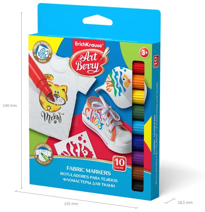 Markery na textil ErichKrause ArtBerry® - 10 ks + 3 šablóny
